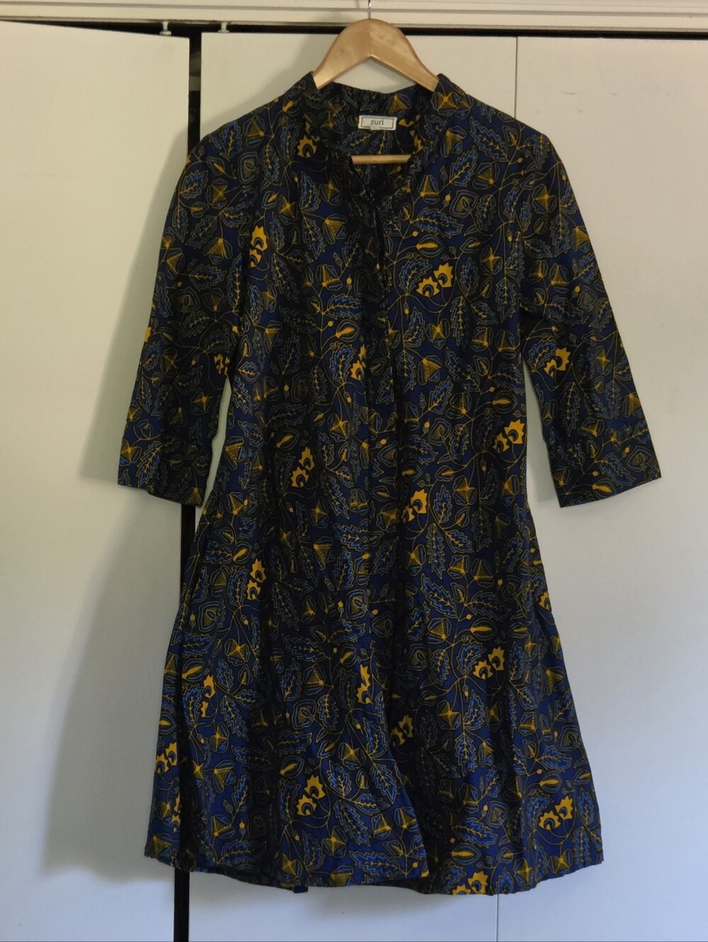 Zuri Cotton Navy & Yellow Floral Print A-Line Dress